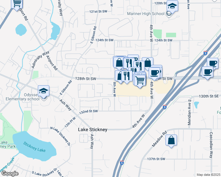 map of restaurants, bars, coffee shops, grocery stores, and more near 12906 8th Avenue West in Everett