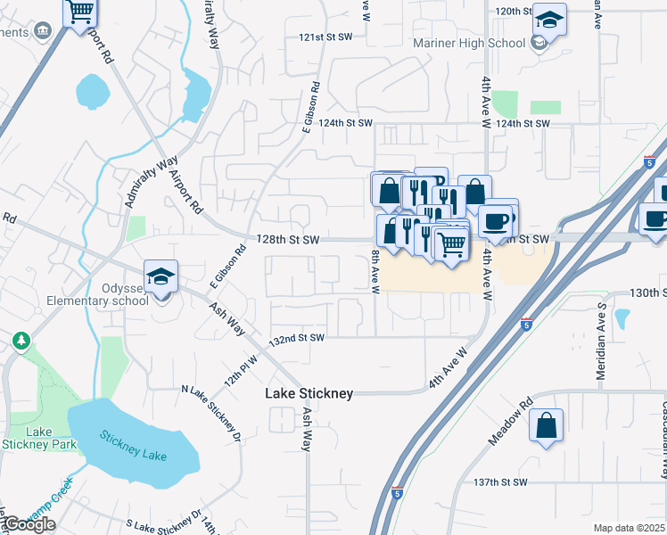 map of restaurants, bars, coffee shops, grocery stores, and more near 12906 8th Avenue West in Everett