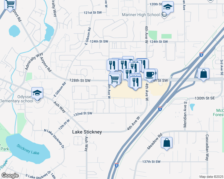map of restaurants, bars, coffee shops, grocery stores, and more near in Lake Stickney