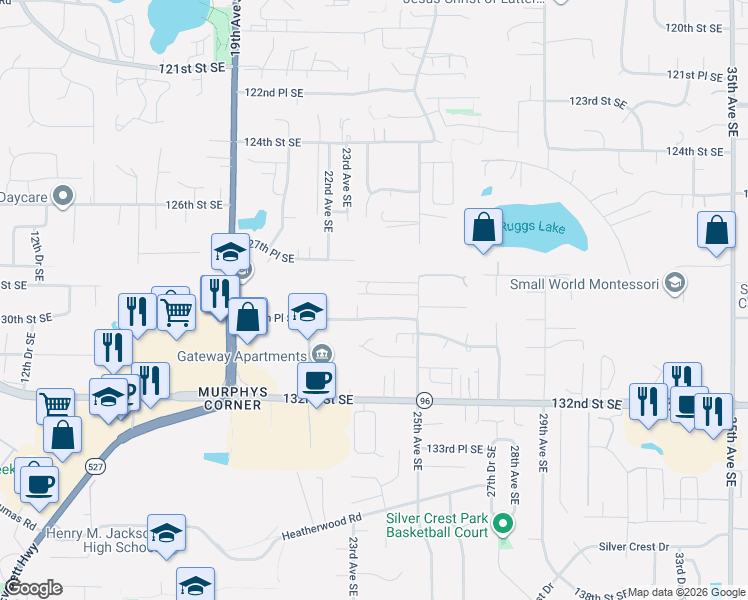 map of restaurants, bars, coffee shops, grocery stores, and more near 2318 128th Place Southeast in Everett