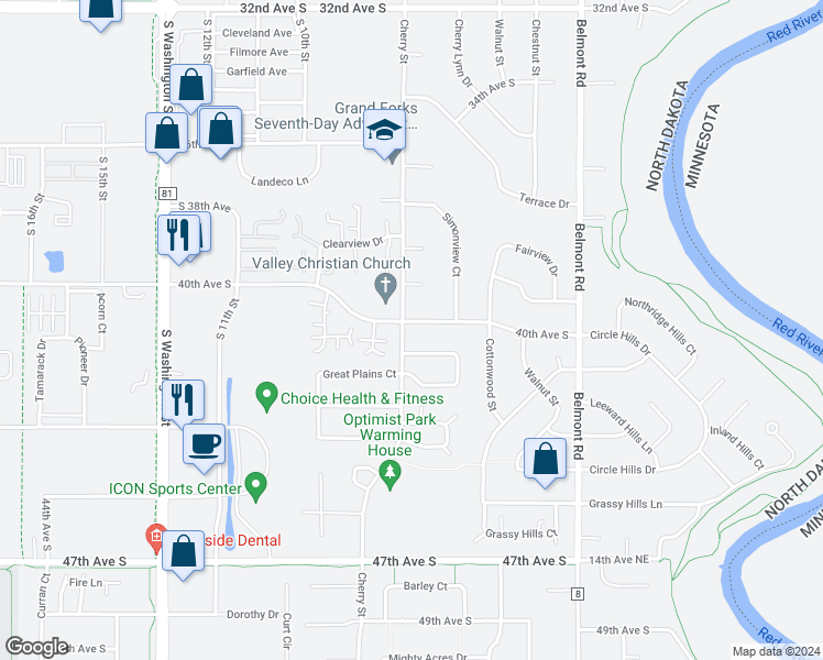 map of restaurants, bars, coffee shops, grocery stores, and more near 625 40th Avenue South in Grand Forks