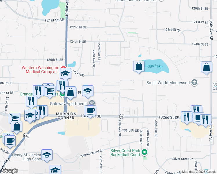 map of restaurants, bars, coffee shops, grocery stores, and more near 12802 25th Avenue Southeast in Everett