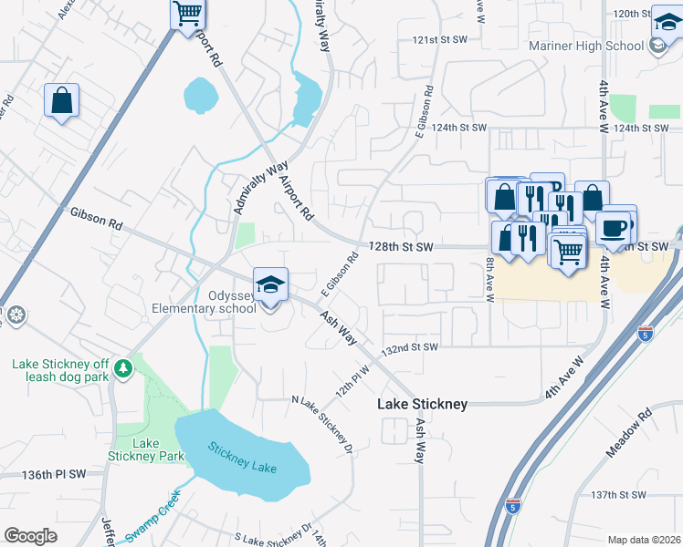 map of restaurants, bars, coffee shops, grocery stores, and more near 12810 East Gibson Road in Everett