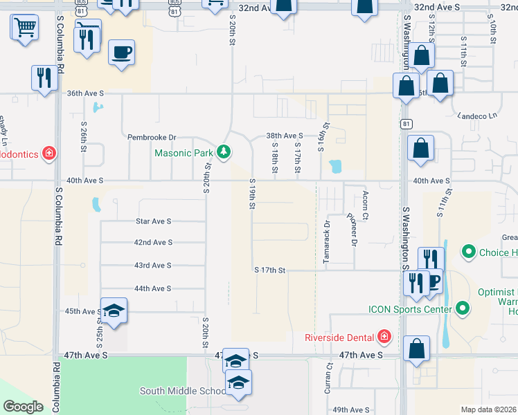 map of restaurants, bars, coffee shops, grocery stores, and more near 40th Ave S in Grand Forks