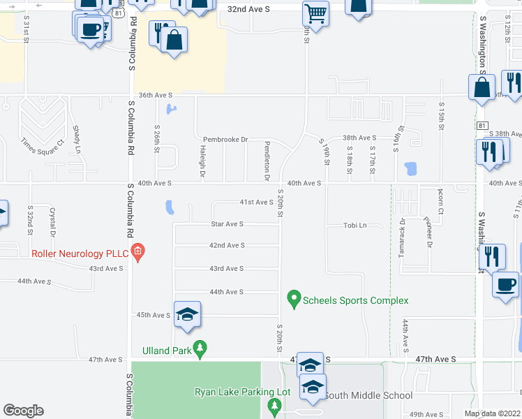 map of restaurants, bars, coffee shops, grocery stores, and more near 2416 41st Avenue South in Grand Forks