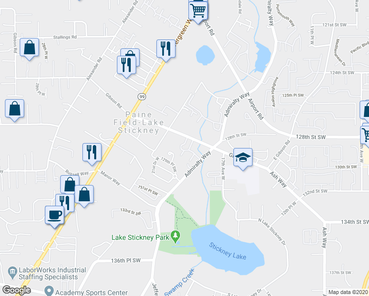 map of restaurants, bars, coffee shops, grocery stores, and more near 1915 Gibson Road in Everett