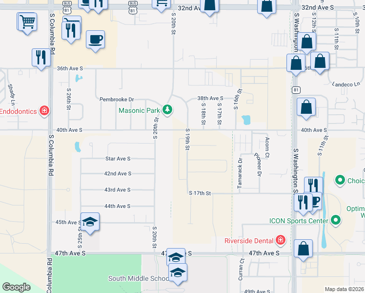 map of restaurants, bars, coffee shops, grocery stores, and more near 40th Ave S in Grand Forks