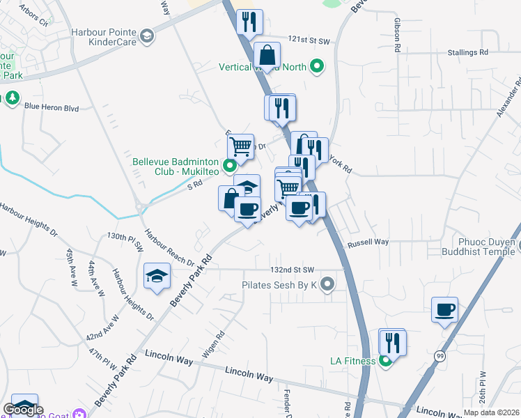 map of restaurants, bars, coffee shops, grocery stores, and more near 12912 Beverly Park Road in Mukilteo