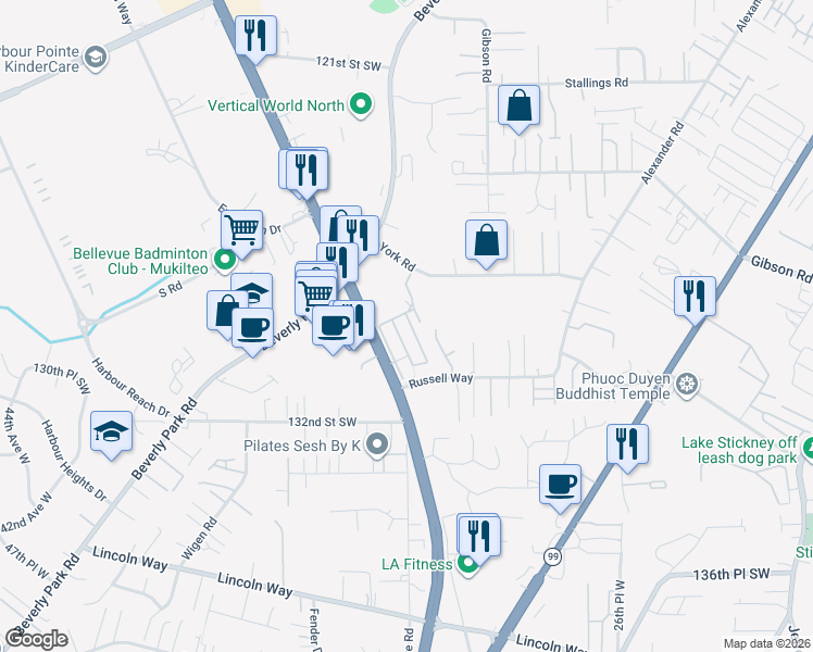 map of restaurants, bars, coffee shops, grocery stores, and more near 12909 Mukilteo Speedway in Lynnwood