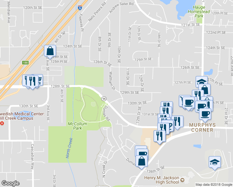 map of restaurants, bars, coffee shops, grocery stores, and more near 12820 Waltham Drive in Everett
