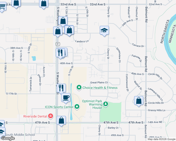 map of restaurants, bars, coffee shops, grocery stores, and more near 815 40th Avenue South in Grand Forks