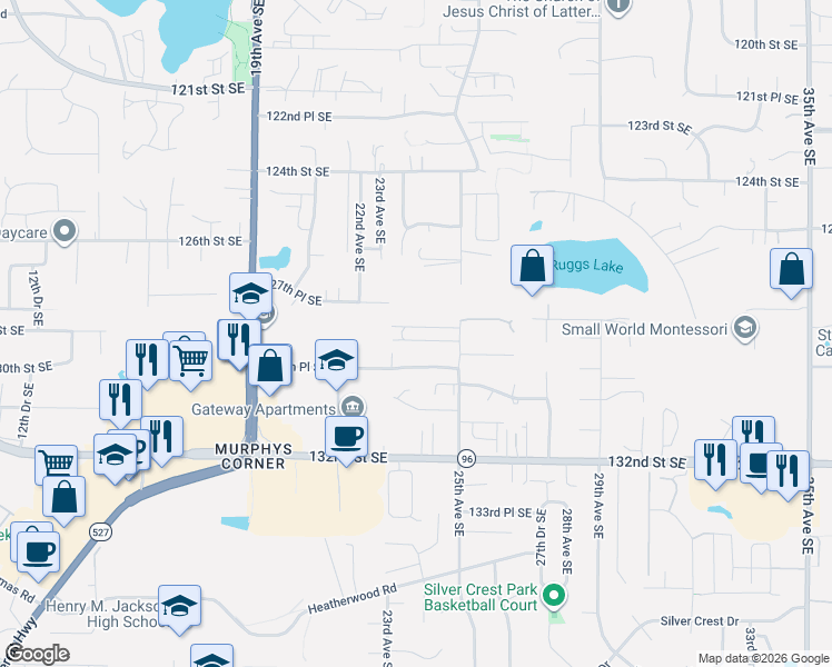 map of restaurants, bars, coffee shops, grocery stores, and more near 2323 128th Place Southeast in Everett