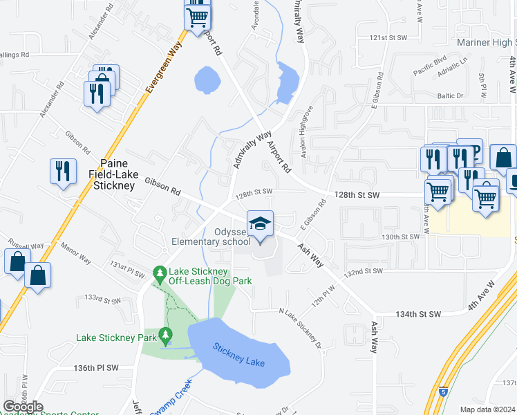 map of restaurants, bars, coffee shops, grocery stores, and more near 12829 16th Place West in Everett
