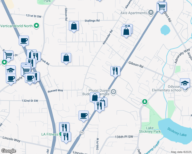 map of restaurants, bars, coffee shops, grocery stores, and more near 2624 128th Street Southwest in Everett