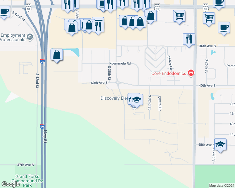 map of restaurants, bars, coffee shops, grocery stores, and more near 4050 South 34th Street in Grand Forks