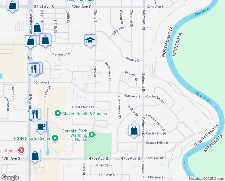 map of restaurants, bars, coffee shops, grocery stores, and more near 3921 Simonview Court in Grand Forks
