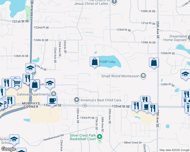 map of restaurants, bars, coffee shops, grocery stores, and more near 2708 128th Street Southeast in Everett