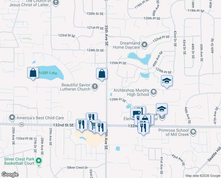 map of restaurants, bars, coffee shops, grocery stores, and more near 2305 128th Street Southeast in Everett