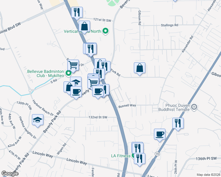 map of restaurants, bars, coffee shops, grocery stores, and more near 12819 Mukilteo Speedway in Lynnwood