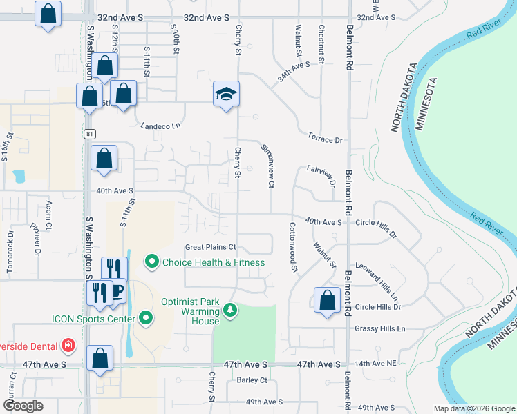 map of restaurants, bars, coffee shops, grocery stores, and more near 610 40th Avenue South in Grand Forks
