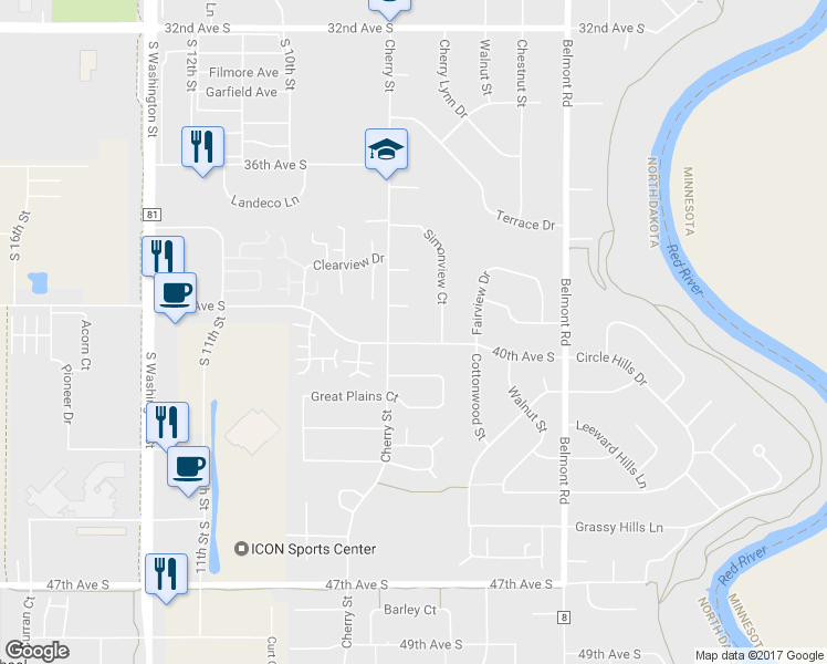 map of restaurants, bars, coffee shops, grocery stores, and more near 610 40th Avenue South in Grand Forks