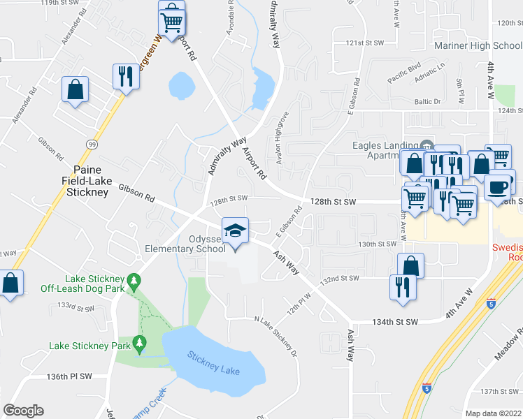 map of restaurants, bars, coffee shops, grocery stores, and more near 1412 128th Street Southwest in Everett