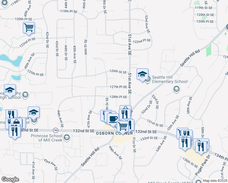 map of restaurants, bars, coffee shops, grocery stores, and more near 12733 49th Avenue Southeast in Everett