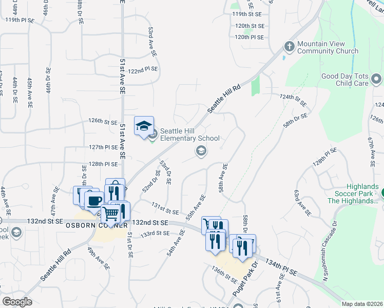 map of restaurants, bars, coffee shops, grocery stores, and more near 5521 127th Place Southeast in Snohomish
