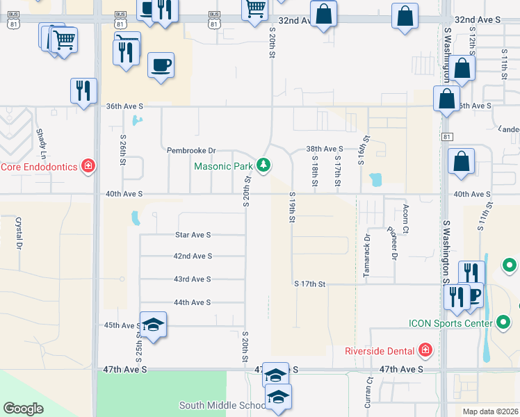 map of restaurants, bars, coffee shops, grocery stores, and more near 4051 South 20th Street in Grand Forks