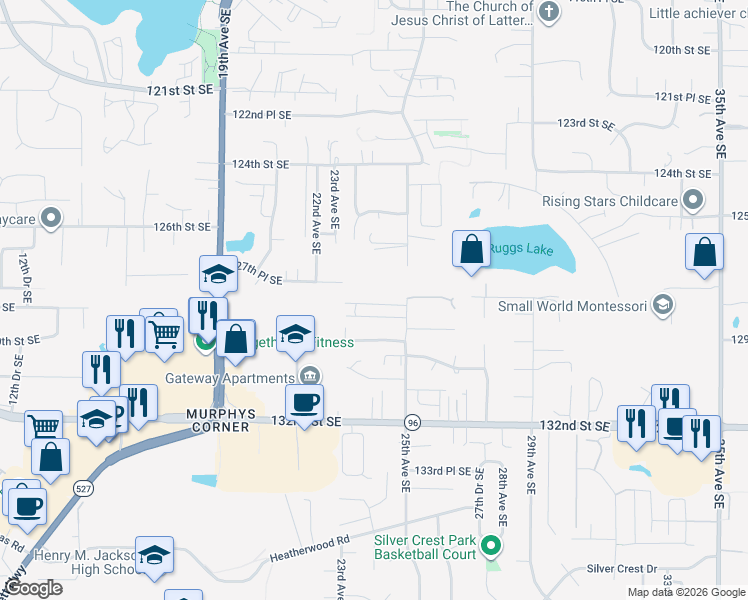map of restaurants, bars, coffee shops, grocery stores, and more near 12802 25th Avenue Southeast in Everett