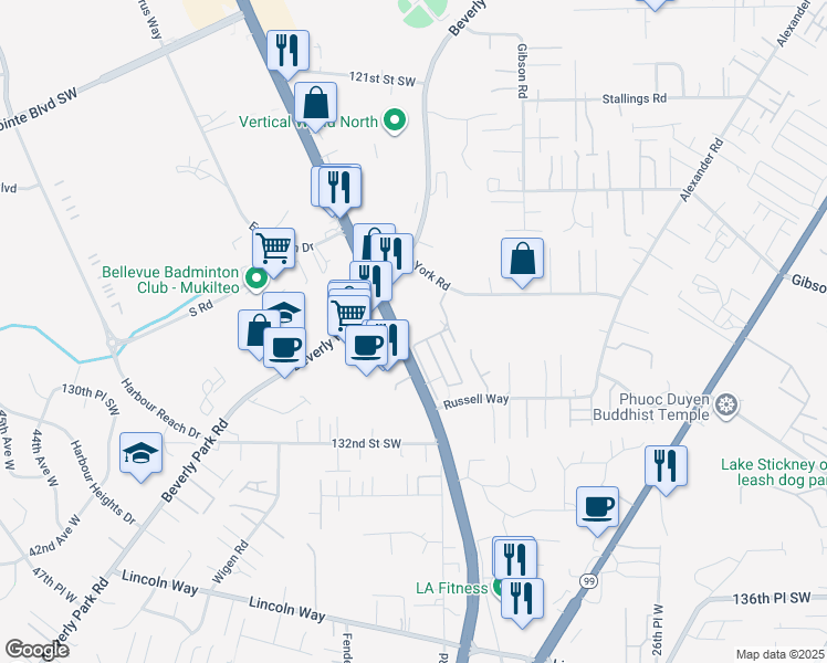 map of restaurants, bars, coffee shops, grocery stores, and more near 12819 Mukilteo Speedway in Lynnwood
