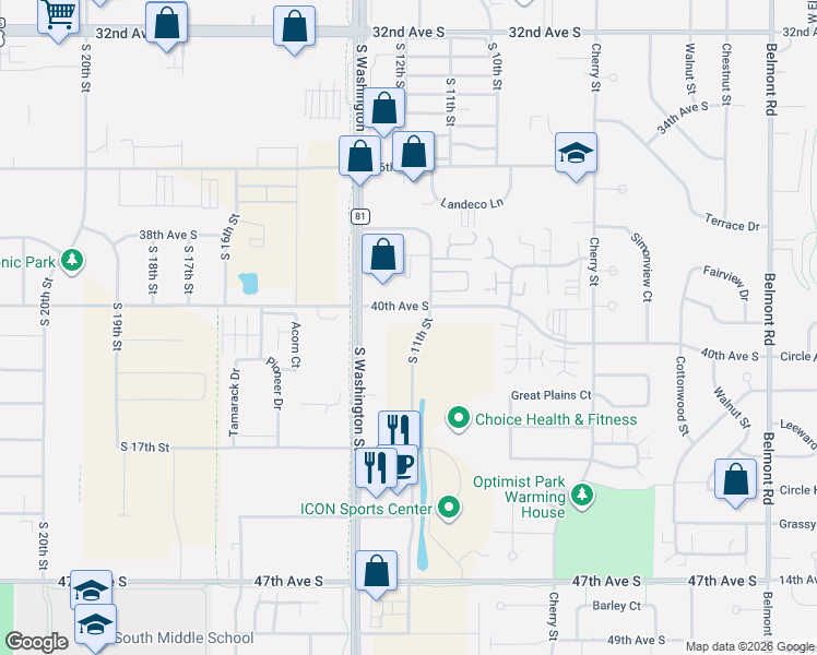 map of restaurants, bars, coffee shops, grocery stores, and more near 1150 40th Avenue South in Grand Forks