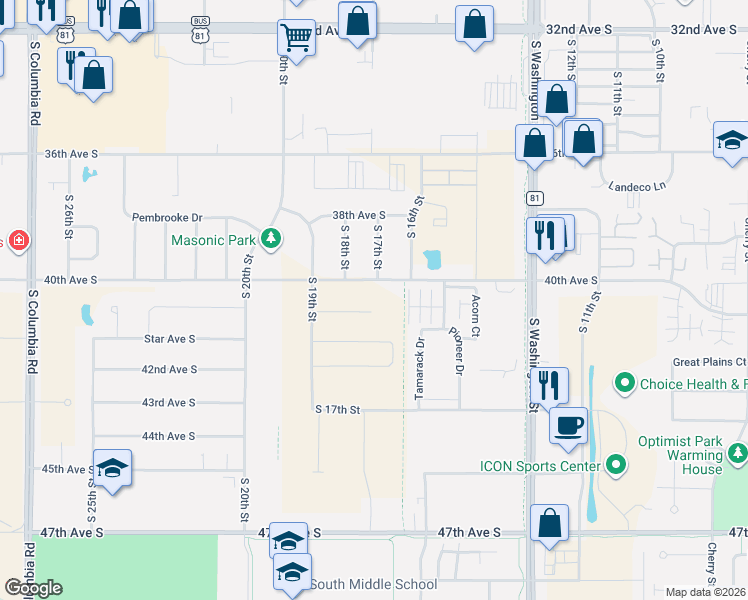 map of restaurants, bars, coffee shops, grocery stores, and more near 3996 South 16th Street in Grand Forks
