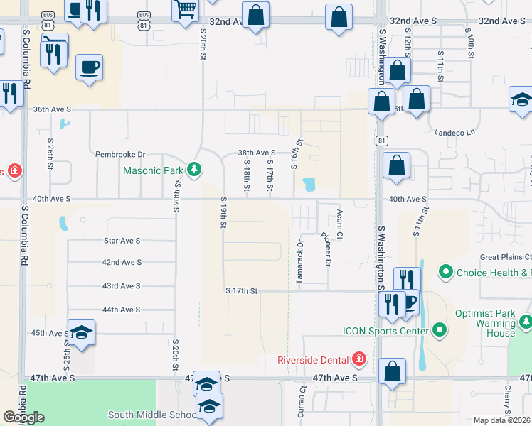 map of restaurants, bars, coffee shops, grocery stores, and more near 3996 South 16th Street in Grand Forks