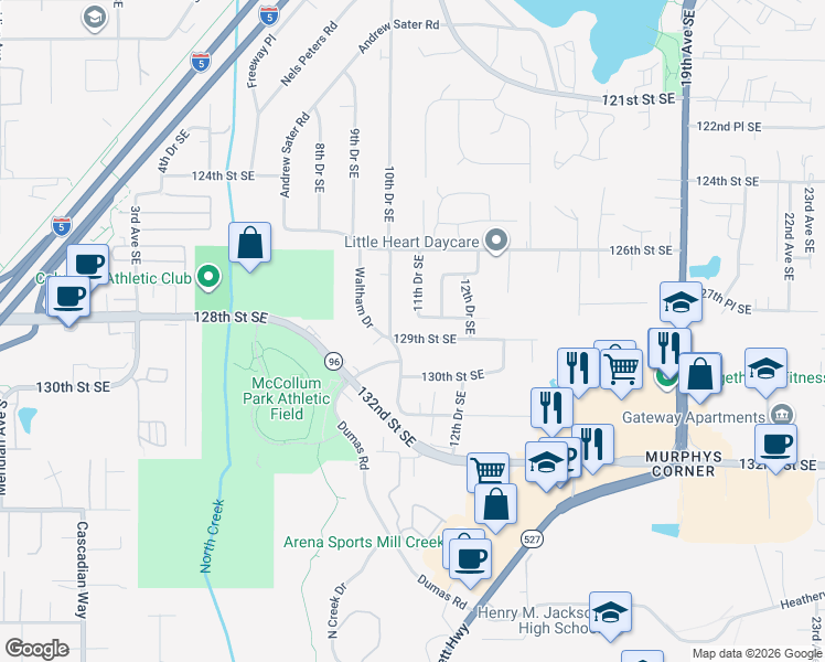 map of restaurants, bars, coffee shops, grocery stores, and more near 1105 129th Street Southeast in Everett