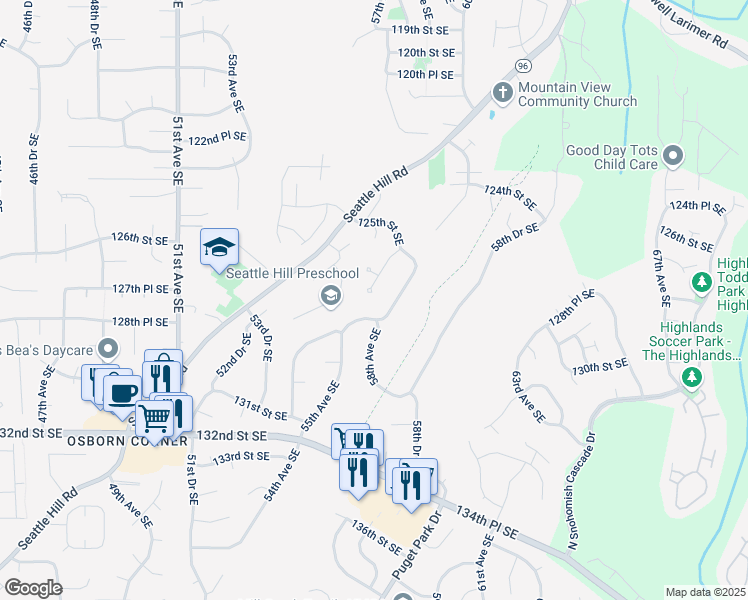 map of restaurants, bars, coffee shops, grocery stores, and more near 12729 57th Drive Southeast in Snohomish