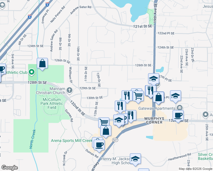 map of restaurants, bars, coffee shops, grocery stores, and more near 1315 129th St SE in Everett