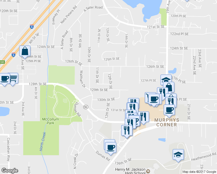 map of restaurants, bars, coffee shops, grocery stores, and more near 1225 129th Street Southeast in Everett