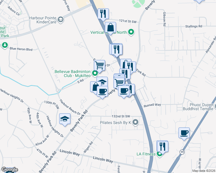 map of restaurants, bars, coffee shops, grocery stores, and more near 12912 Beverly Park Road in Mukilteo