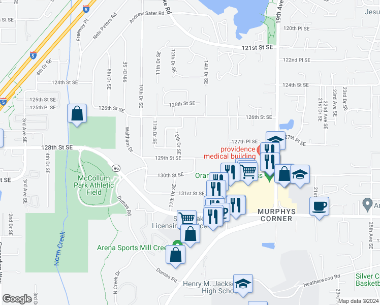 map of restaurants, bars, coffee shops, grocery stores, and more near 1315 129th Street Southeast in Everett