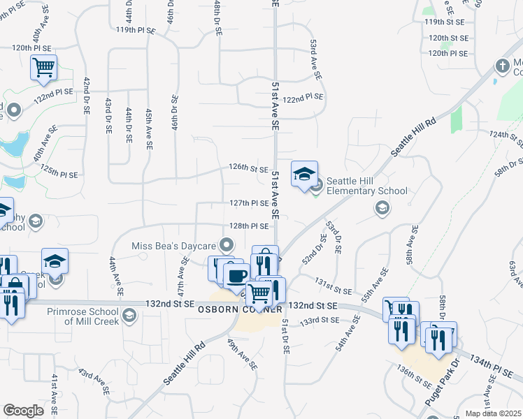map of restaurants, bars, coffee shops, grocery stores, and more near 5010 127th Place Southeast in Everett