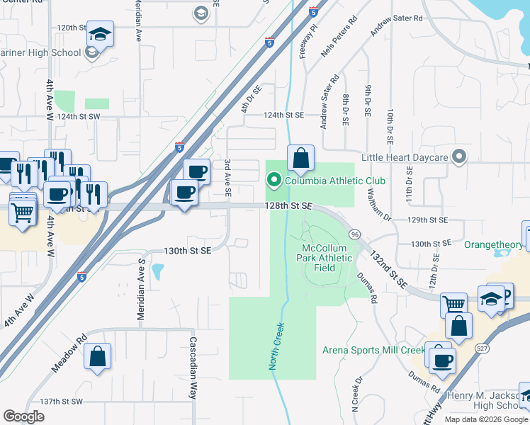 map of restaurants, bars, coffee shops, grocery stores, and more near 12805 4th Drive Southeast in Everett