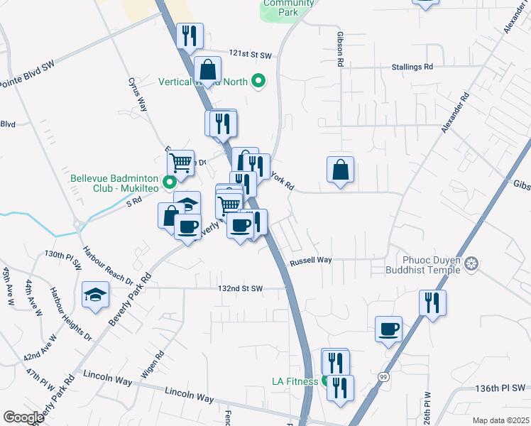 map of restaurants, bars, coffee shops, grocery stores, and more near 12819 Mukilteo Speedway in Lynnwood