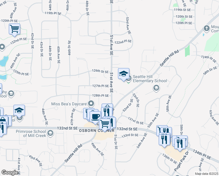map of restaurants, bars, coffee shops, grocery stores, and more near 5010 127th Place Southeast in Everett