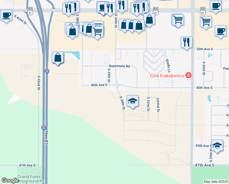 map of restaurants, bars, coffee shops, grocery stores, and more near 4050 South 34th Street in Grand Forks