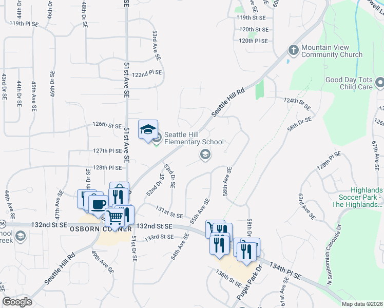map of restaurants, bars, coffee shops, grocery stores, and more near 5511 127th Place Southeast in Snohomish
