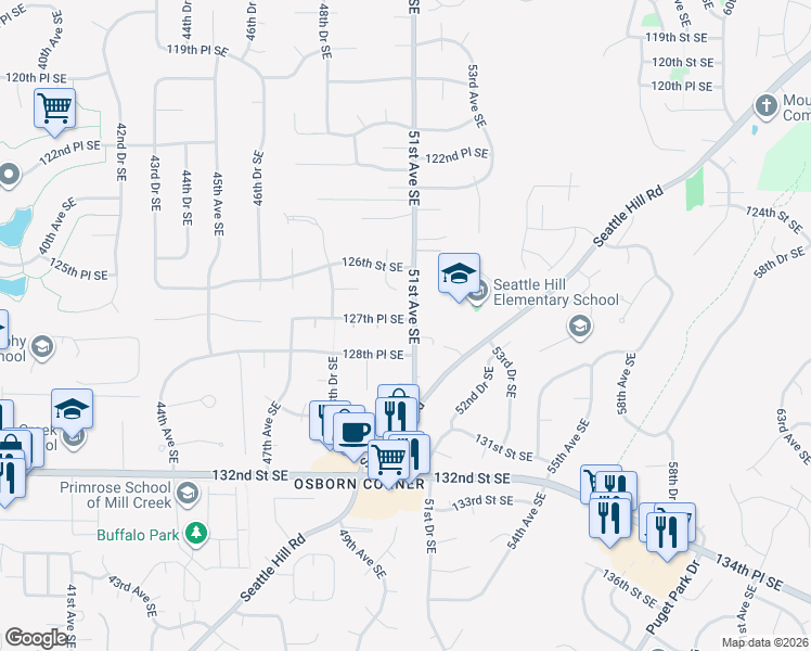 map of restaurants, bars, coffee shops, grocery stores, and more near 5010 127th Place Southeast in Everett