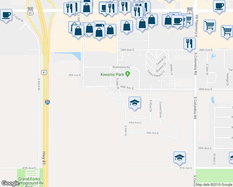 map of restaurants, bars, coffee shops, grocery stores, and more near 4050 South 34th Street in Grand Forks
