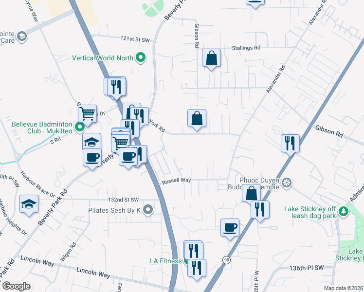 map of restaurants, bars, coffee shops, grocery stores, and more near 3106 York Road in Everett