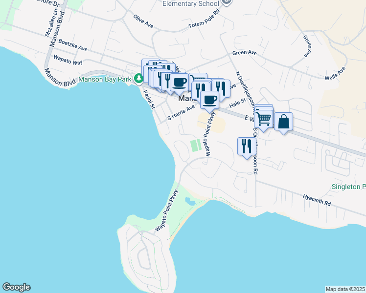 map of restaurants, bars, coffee shops, grocery stores, and more near 206 Parkway Drive in Manson